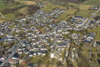 Aerial view, residential area local view with church St. Antonius Einsiedler, Sundern, Sauerland,