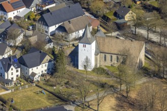 Aerial view, residential area local view with church St. Antonius Einsiedler, Sundern, Sauerland,