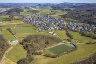 Aerial view, sports field football stadium of SSV Allendorf, Im Hespel, residential area local view