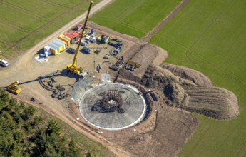 Aerial view, construction site with construction crane for wind turbine wind power plant at