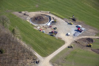 Aerial view, construction site for wind turbine wind power plant at Eichenberg, meadows and fields,