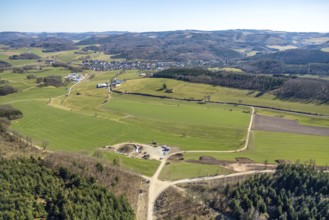 Aerial view, construction site for wind turbine wind power plant at Eichenberg, meadows and fields,