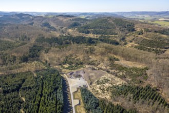 Aerial photo, construction site for wind turbine, forest damage at Eichenberg, Amecke, Sundern,