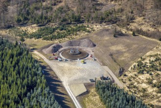 Aerial photo, construction site for wind turbine, forest damage at Eichenberg, Amecke, Sundern,