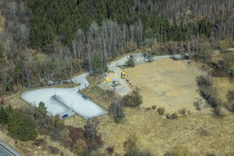 Aerial view, construction site former outdoor swimming pool at the Seestraße, Amecke, Sundern,