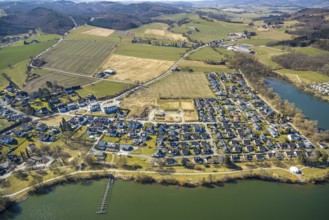 Aerial view, Sorpesee, new residential area Westufer in Amecke, Sundern, Sauerland, North