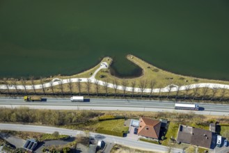 Aerial view, Sorpesee, hiking trail and bay at the Seestraße in Amecke, Sundern, Sauerland, North