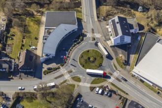 Aerial view, roundabout Hachener Straße, Volksbank building, Hachen, Sundern, Sauerland, North