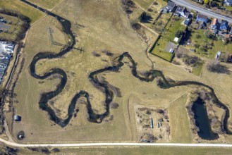Aerial view, river Sorpe river meander in the Sorpe valley Hachen, shapes and colours, Hachen,