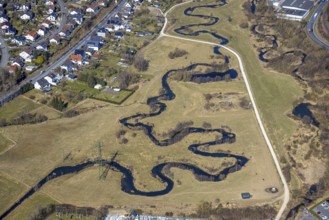 Aerial view, river Sorpe river meander in the Sorpe valley Hachen, shapes and colours, Hachen,