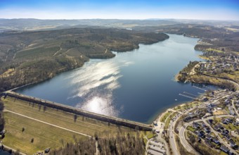 Aerial view, Lake Sorpe with dam wall, hilly landscape forest area, Langscheid, Sundern, Sauerland,