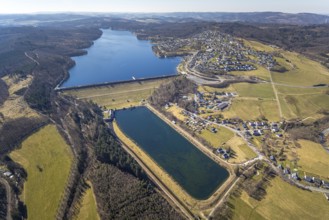 Aerial view, Lake Sorpe, dam wall and equalising reservoir, view of Langscheid, Hachen, Sundern,