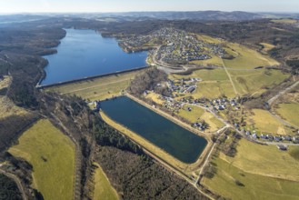 Aerial view, Sorpesee, equalising basin, Hachen, Sundern, Sauerland, North Rhine-Westphalia,