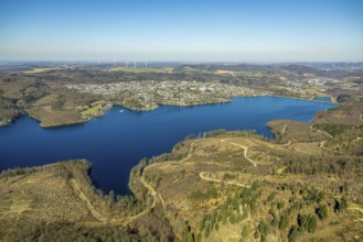 Aerial view, Sorpesee, forest area with forest damage, Langscheid, Sundern, Sauerland, North