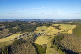 Aerial view, local view and blue sky with distant view, observation tower Schomberg Richtfunkturm,