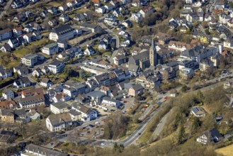 Aerial view, St. Johannes Kirche an der Hauptstraße, residential area Sundern, Sauerland, North