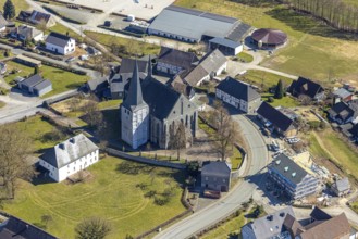 Aerial view, construction work on the steeple of St. Martinus Church, behind riding centre