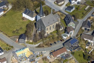 Aerial view, construction work on the steeple of St. Martinus Church, Hellefeld, Sundern,