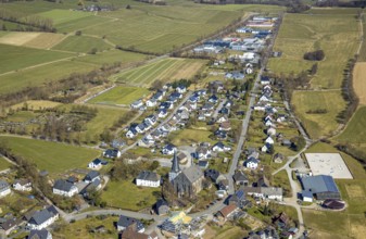 Aerial view, residential area local view Hellefeld, construction work at the church tower of St.