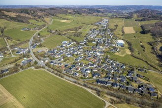 Aerial view, residential area, local view Hellefeld, meadows and fields in hilly landscape,