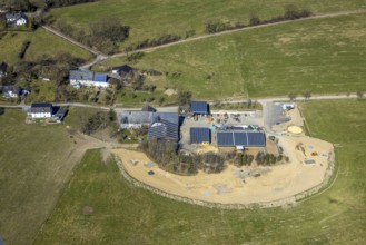 Aerial view, Japes-Schulte horse boarding farm in Bainghausen, houses with solar roof, Westenfeld,