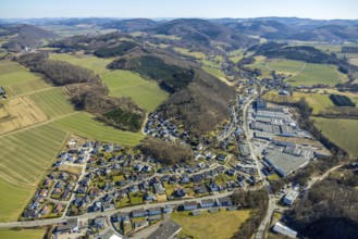 Aerial view, commercial area Röhre and residential area local view Am Bühl, hilly landscape forest