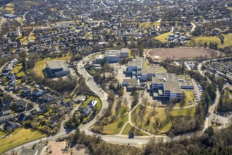 Aerial view, Municipal grammar school and secondary school with sports field, Sundern, Sauerland,