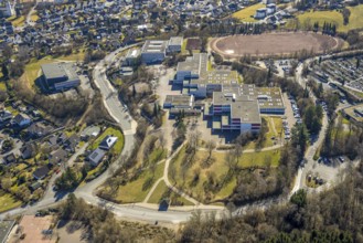 Aerial view, Municipal grammar school and secondary school with sports field, Sundern, Sauerland,