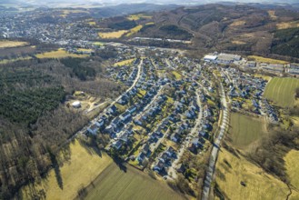 Aerial view, residential area local view In der Flamke, forest area and forest damage, Sundern,