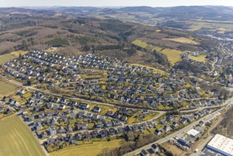 Aerial view, residential area local view In der Flamke, forest area and forest damage, Sundern,