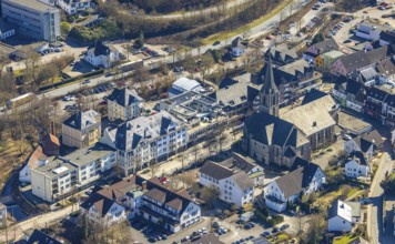 Aerial view, St. Johannes Kirche an der Hauptstraße, Sundern, Sauerland, North Rhine-Westphalia,