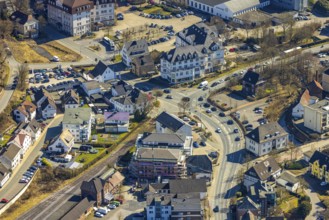 Aerial view, railway station and end of the railway line, crossing of Hauptstraße with Sunderland