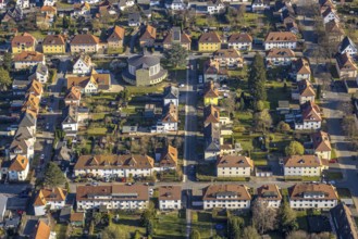 Aerial view, residential area housing estate, terraced houses with red roofs between Müllingser Weg