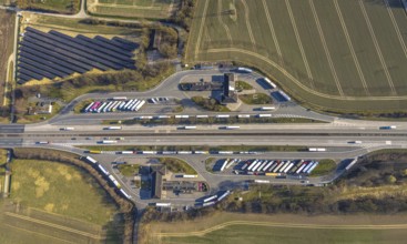Aerial view, Serways service area Soester Börde on the A44 motorway, truck parking, Müllingsen,