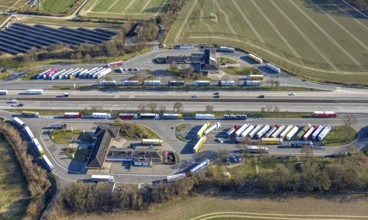 Aerial view, Serways service area Soester Börde on the A44 motorway, truck parking, Müllingsen,