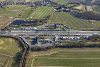 Aerial view, Serways service area Soester Börde on the A44 motorway, truck parking, Müllingsen,