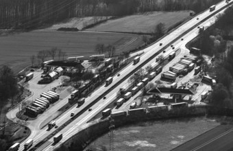Aerial photo, Serways service area Soester Börde on the A44 motorway, truck parking, black and