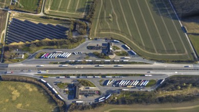 Aerial view, Serways service area Soester Börde on the A44 motorway, truck parking, Müllingsen,