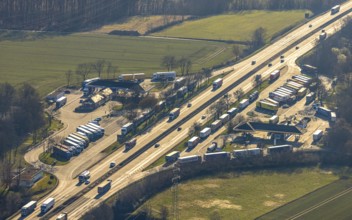 Aerial view, Serways service area Soester Börde on the A44 motorway, truck parking, Müllingsen,