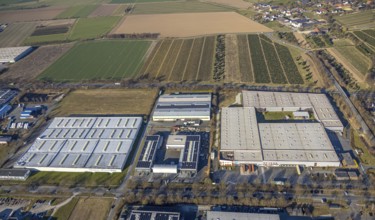 Aerial view, commercial area Overweg with Hasbro Deutschland GmbH and Magna Casting Soest car body