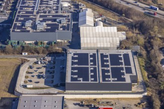 Aerial view, commercial area Overweg, construction site new building with solar roof, Salinenweg,