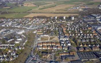 Aerial view, residential area between Elfser Weg and Riga-Ring, construction site Coca-Cola