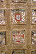 Hall with coffered ceiling and flag of historical Portugal, Fortress of Tomar, Castle of the