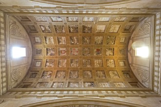 Hall with coffered ceiling and flag of historical Portugal, Fortress of Tomar, Castle of the