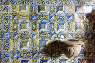Holy water basin in front of painted tiles, Azulejos, Fortress of Tomar, Castle of the Knights