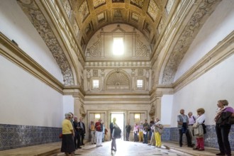 Hall with coffered ceiling and flag of historical Portugal, Fortress of Tomar, Castle of the