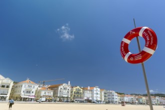 Lifebuoy on the Atlantic beach of Nazare, Nazaré, Leiria district, Portugal, Europe, Nazaré, aerial
