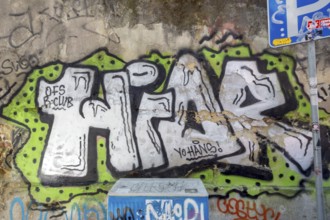 Graffiti in the streets of Lisbon, Lisbon, Lisbon district, Portugal, Europe, aerial view,