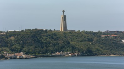 The 113m high Christ figure Cristo-Rei, Lisbon, Lisbon district, Portugal, Europe, Aerial view,
