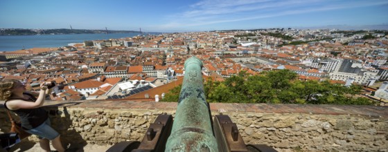 Medieval cannon, view from the castle Castelo de São Jorge to the old town of Lisbon, Lisbon,